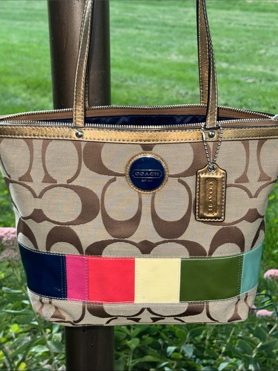 Coach Handbags - Coach Signature Canvas Tote with Multicolor Accent - Brown/Beige